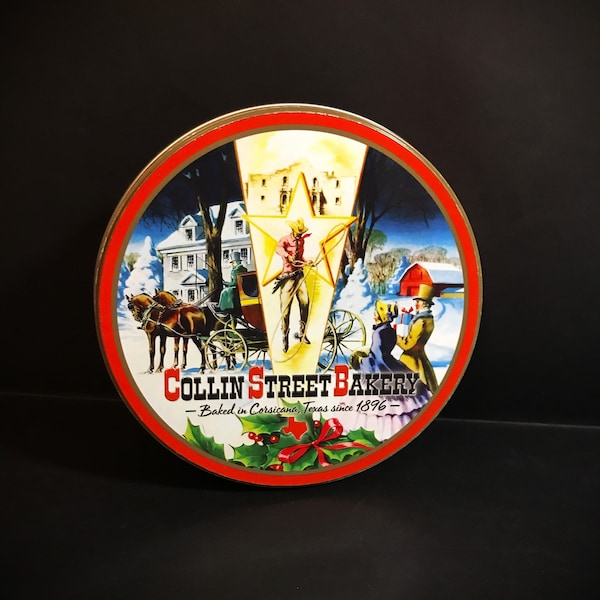 Vintage Collin Street Bakery Tin, Baked in Corsicana Texas, Christmas Fruitcake Tin, Decorative Kitchen Kitsch, Christmas Scene, 7 in Round