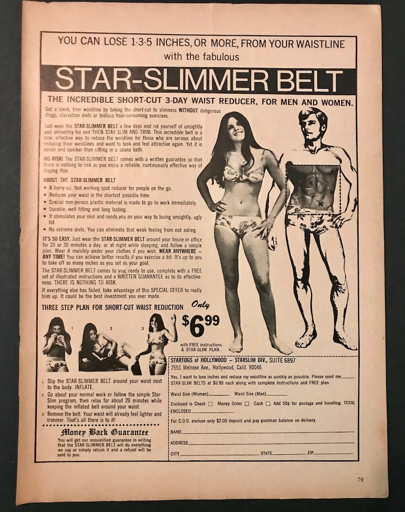 European Nude Bra on Back of Page Star-Slimmer Belt 1970s Advertisement Actual Magazine Page Black /& White Retro Ad for Weight Loss