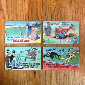 Vintage Post Cards, Set of 4, Sufferin' Cats, Hillbilly Farm Boy, Throwin' The Bull, Hole in One, Colour Picture Publication, Cambridge, MWM