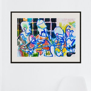 May include: Abstract painting of five figures in a colourful style with blue, green, yellow, orange, pink, and white paint. The figures are outlined in black and blue. The background is a grid pattern with a brick wall.