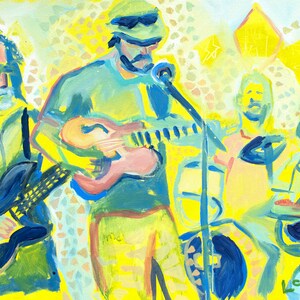 May include: A painting of a band playing music. The band consists of four people, two of whom are playing guitars. The painting is done in a bright, colorful style with a yellow background.