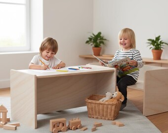 Reversible table for children – 4 heights usable as a bench Rounded and stable Natural Ready assembled