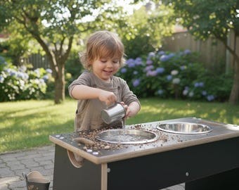 Eli mud table for children, with 2 stainless steel play bowls. Sensory table, mud kitchen, water table, mud table, planting table.