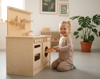 Wooden children's kitchen with accessories, play kitchen for children, realistic cooking set for creative play, gift for girls & boys, durable
