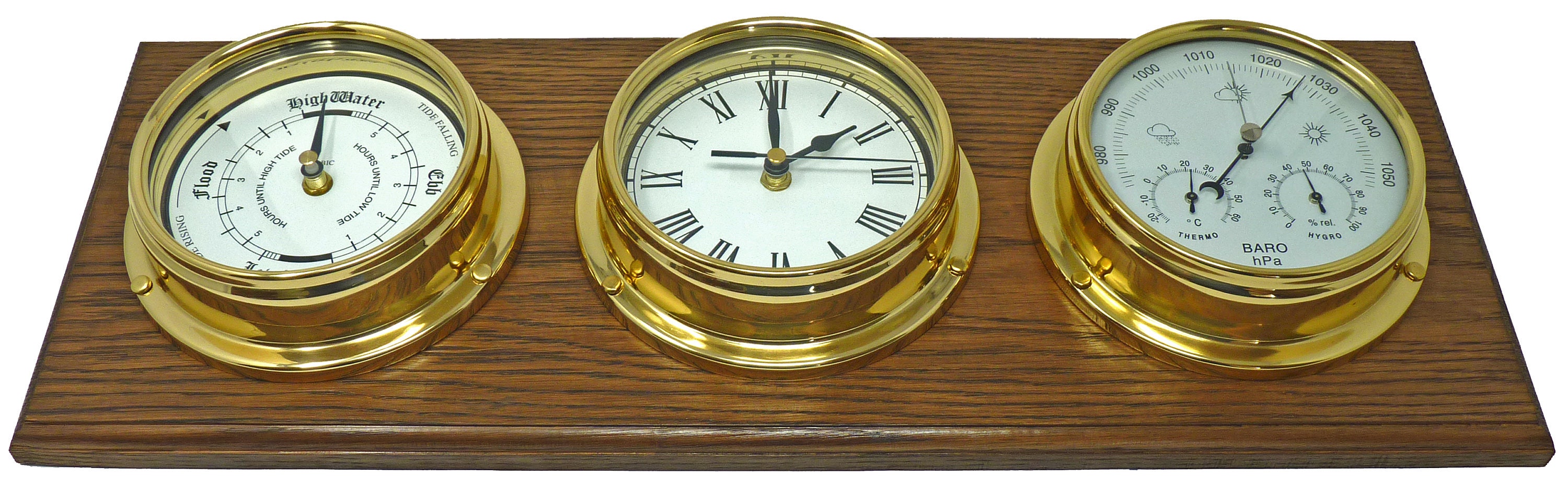 Tabic Brass Tide Clock, Roman Clock and Barometer With Built in