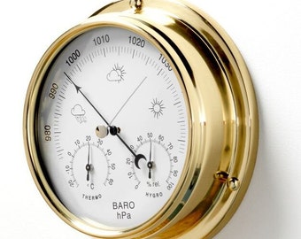 Tabic Solid Brass Barometer with built in Hygrometer and Thermometer, Heavy Lacquered Brass (1/2kg),  Handmade In England