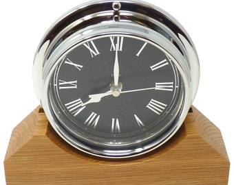 Handmade Prestige Roman Clock in Chrome with Jet Black Dial Mounted on an English Oak Mantel/Display Mount