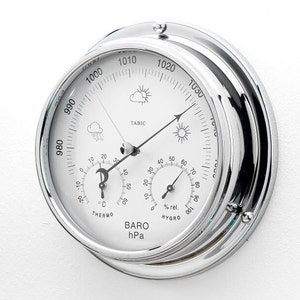 Tabic Krombarometer med inbyggd hygrometer och termometer, tungt mässingshölje (1/2 kg) Elektropläterad med krom, handgjord i England