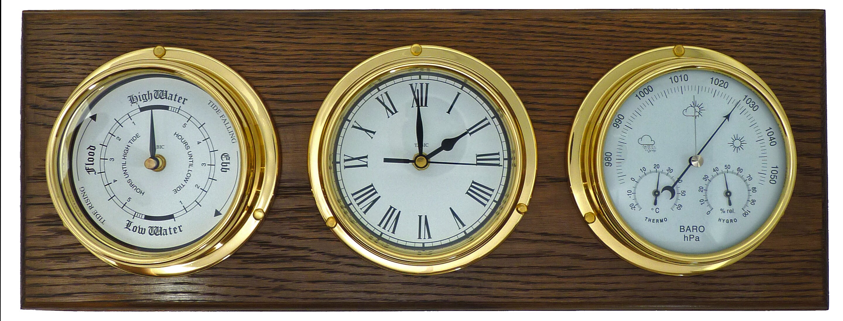 Tabic Brass Tide Clock, Roman Clock and Barometer With Built in