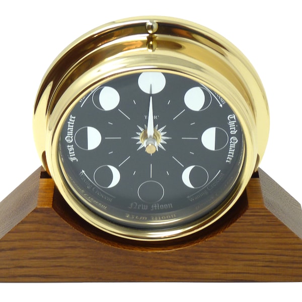 Prestige Brass Moon Phase Clock With a Jet Black Dial Mounted on a Solid English Oak Mantel/Display Mount