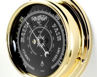 Tabic Prestige Traditional Brass Barometer With Jet Black Dial, Heavy Brass Case (1/2kg). Handmade In England