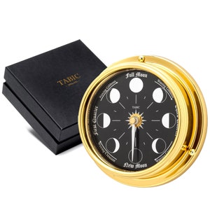 Handmade Prestige Moon Phase Clock in Solid Brass With A Jet Black Dial created with a mirrored backdrop