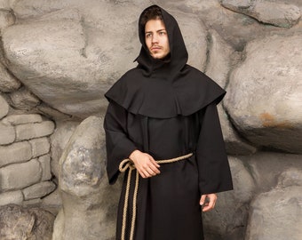 Traje de monje medieval, túnica con capucha y cinturón, feria renacentista