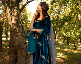 galadriel green dress Elven – Turquoise Velvet Gown with Corset & Mantle galadriel vestido