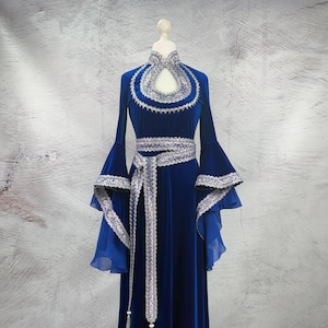 Blue elven dress, velvet medieval dress, a mystical witch, a powerful water sorceress