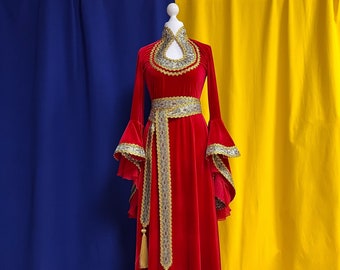 Red Velvet Elven Dress, Medieval Gown with Gold Braid