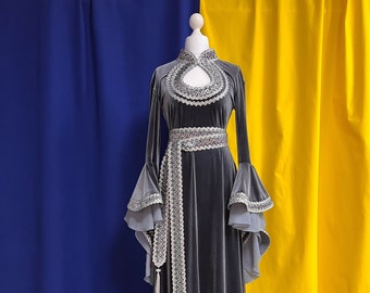 Gray Velvet Elven Dress, Medieval Wedding Elf Costume