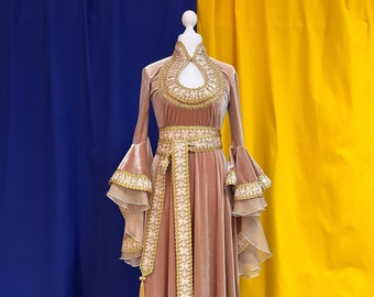 Golden Velvet Elven Dress, Medieval Elf Wedding Costume