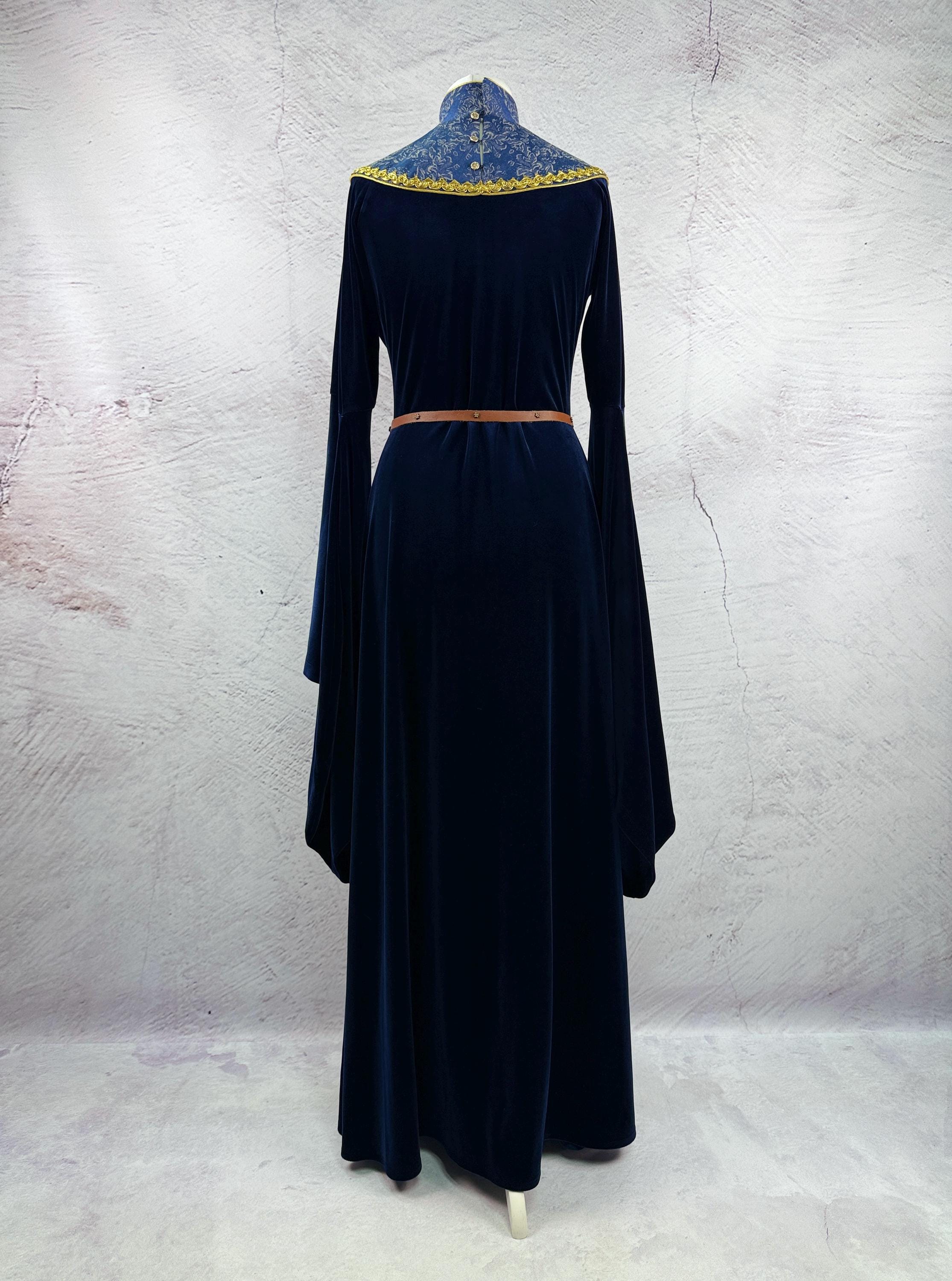 Blue Velvet Elven Dress, Medieval Gown With Detachable Sleeves - Etsy
