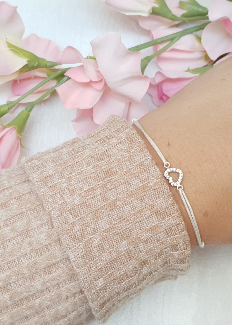 925 Silber Glücksarmband Freundschaftsarmband verschiedene Farben Silberschmuck geschenkidee filigranes Armband Herz mit steinchen Bild 2