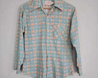 Vintage Spindle City Plaid Button Down Mens M Green Orange Geometric 70s Retro