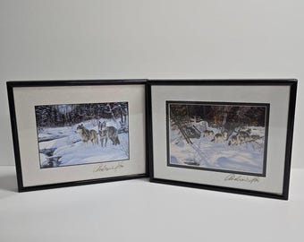 Andrew Kiss Wolf Art Cards Set of 2 Framed Winter Wildlife Cabin Signed