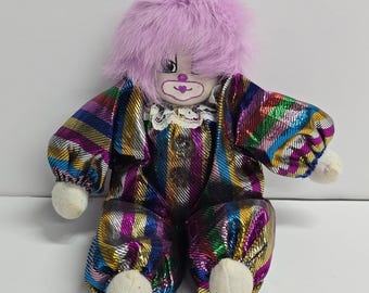 Vintage Q-Tee Clown Rainbow Metallic Purple Hair Hand painted Kitsch