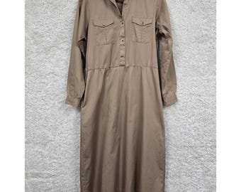 Vintage L.L. Bean Shirtdress Womens Size 8 Tan Cotton Twill Utility Modest
