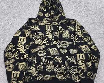 Vintage City Aba MLB All Over Print Hoodie Mens XL Black Gold Metallic Logo 90s