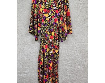 Vintage June Moore 70s Maxi Dress Womens M Multicolor Floral Bell Sleeve Boho