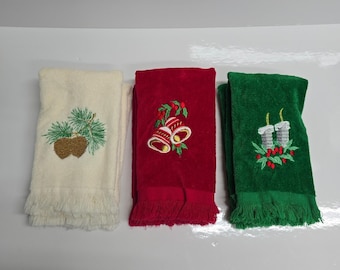 Vintage julfingertoppsgästhanddukar, 6 st, julklockor, ljus, tallkotte