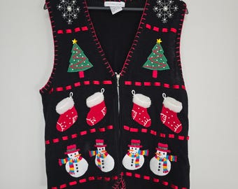 Victoria Jones Christmas Sweater Vest Womens Medium Black Zip Up Snowman Kitsch