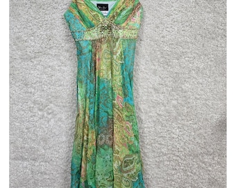 Diane Freis Silk Paisley Beaded Dress Women 8 Green Blue Boho Babydoll Y2K Midi