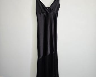Vintage Donna Lingerie Slip Dress P/S Black Satin Chiffon Hem Goth Grunge 90s