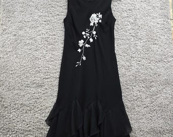 SSL Fashions Womens Embroidered Midi Dress Size 6 Black Ruffle Hem Elegant