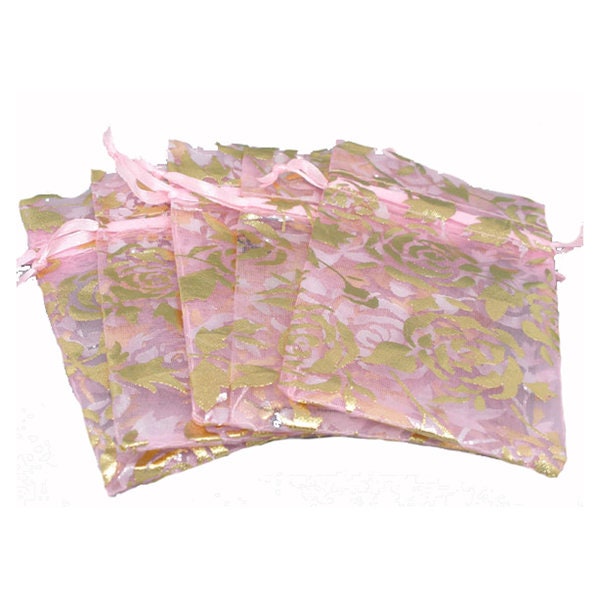 Organza Bag 7.5 x 9 cm 10 pieces pink with roses