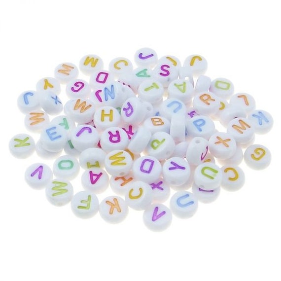50 Buchstaben Perlen 7mm Fädelloch 4mm Würfel Beads weiß Alphabet Mix
