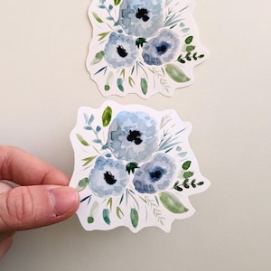 Pegatinas de flores azules, pegatinas de vinilo con acuarela, para botellas de agua, portátiles y diarios