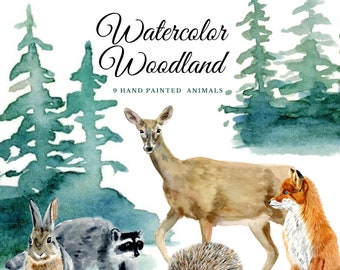 Watercolor Woodland Clipart, 9 Elements, Commercial Use, Woodland Animals, Nursery Art, Digital Downloads, Clipart Set