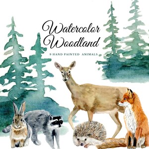 Watercolor Woodland Clipart, 9 Elements, Commercial Use, Woodland Animals, Nursery Art, Digital Downloads, Clipart Set
