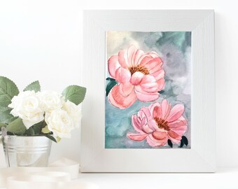 ORIGINAL Botanical Peonies Painting, 5x7 Pouces, Peinture originale à l'aquarelle