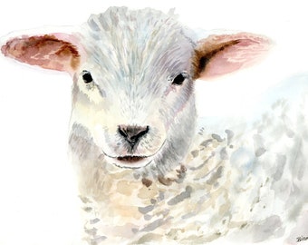 ORIGINAL Watercolor Lamb Painting, Nursery Wall Art, Lamb Wall Art Decor, Farm Animal Nursery Art, White Lamb Painting
