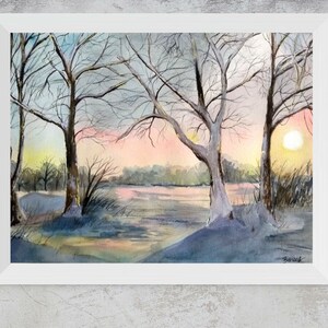 Winter bomen afdrukbare kunst aan de muur | Snowy Forest Aquarel Schilderij | Ijzig Landschap Print | Nature Digital Downloaden