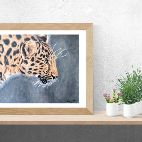 Original Colored Pencil Amur Leopard Drawing, Wildlife Lover's Gift, Handmade 11"x14" Illustration