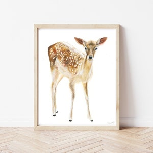 May include: A watercolour painting of a fawn with brown and white spots standing on a white background. The fawn is looking directly at the viewer.