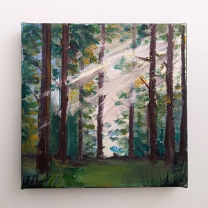 Misty Forest | Acrylic Painting | ORIGINAL Artwork | Sun Rays | Hand Painted | 6&quot;x6&quot;