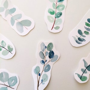 Conjunto de 7 adesivos de vinil aquarela de plantas de eucalipto - adesivos estéticos para garrafas de água e laptops