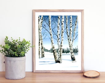 Fine Art Print of Watercolor Winter Birch Trees Print, 8.5"x11"