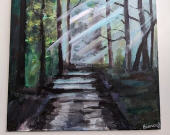 Acrylic Forest Painting | 10"x10" | 'Light in the Darkness' | ORIGINAL Artwork