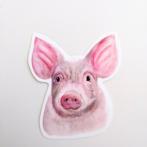 May include: A watercolor painting of a pig's face. The pig has pink ears and a pink snout. The background is white.
